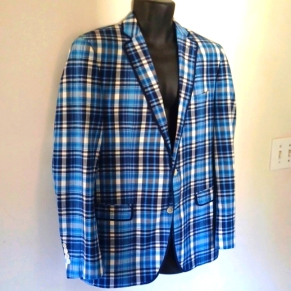 TALLIA Other - TALLIA ORANGE Navy Blue & White Plaid Blazer, 42L